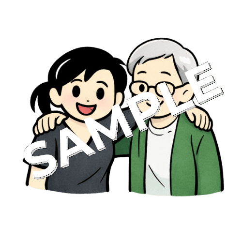 患者と肩を組む女性鍼灸師のイラスト