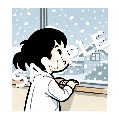 窓から雪を見ている女性薬剤師のイラスト