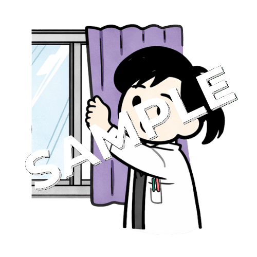 カーテンを閉める女性薬剤師のイラスト