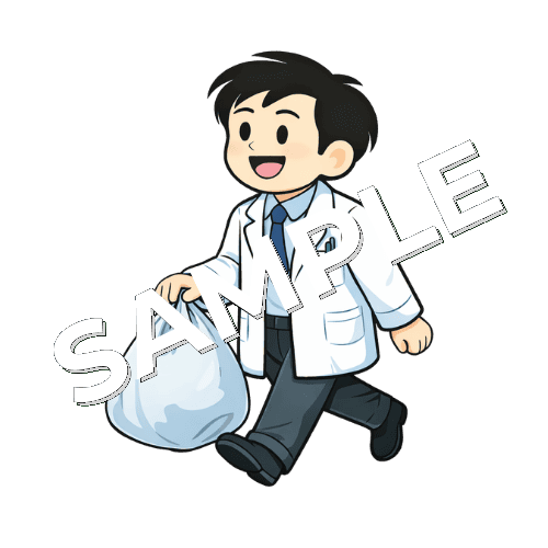 ゴミ袋を持って歩く男性薬剤師のイラスト