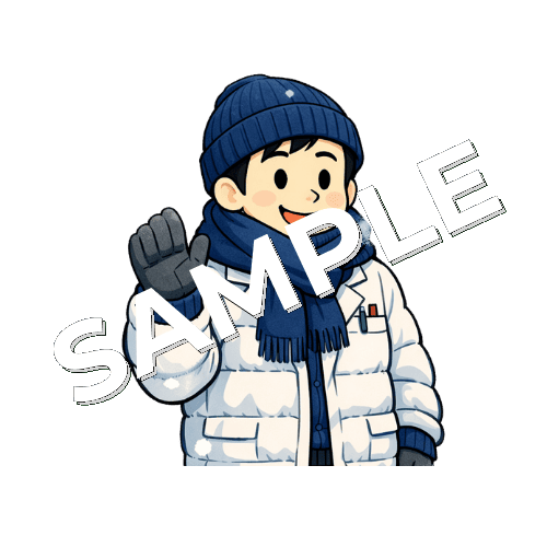 雪が降っているので厚着をしている男性薬剤師のイラスト