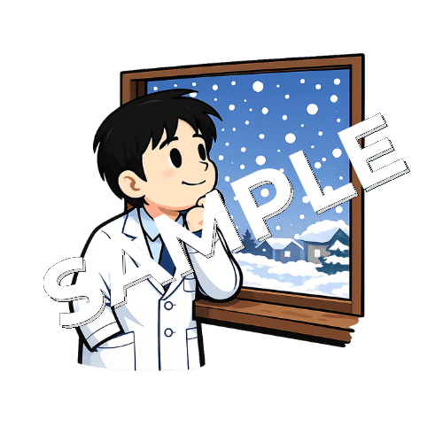 窓から雪を見ている男性薬剤師のイラスト