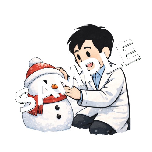 雪だるまを作る男性薬剤師のイラスト