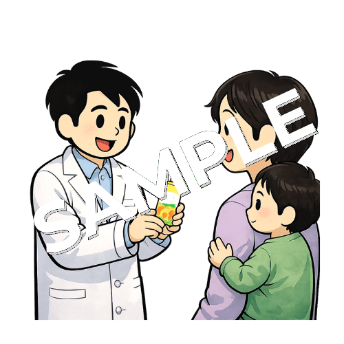 子連れ患者にゼリーを渡す男性薬剤師のイラスト