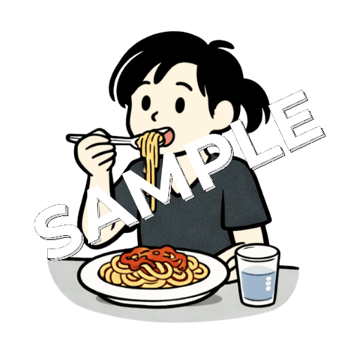 パスタを食べる女性鍼灸師のイラスト
