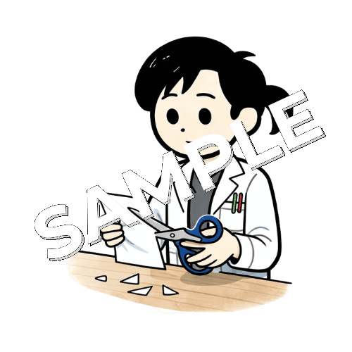 はさみで紙を切る女性薬剤師のイラスト