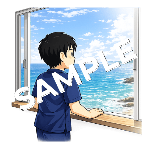 窓から海を眺めている男性鍼灸師のイラスト