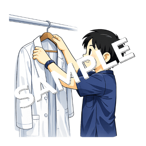 コートをハンガーにかける男性鍼灸師のイラスト
