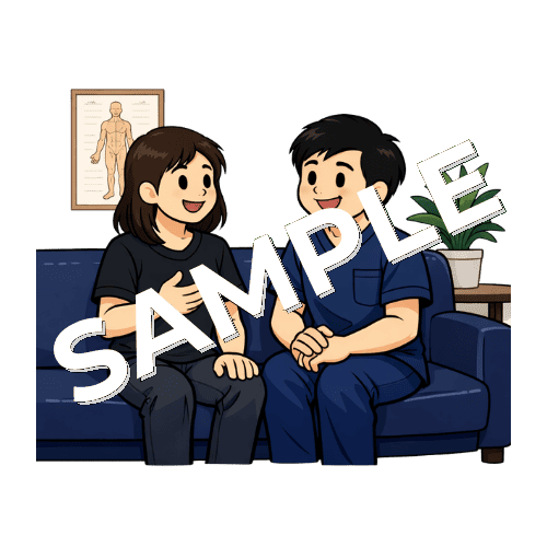 待合室で女性患者と談笑する男性鍼灸師のイラスト