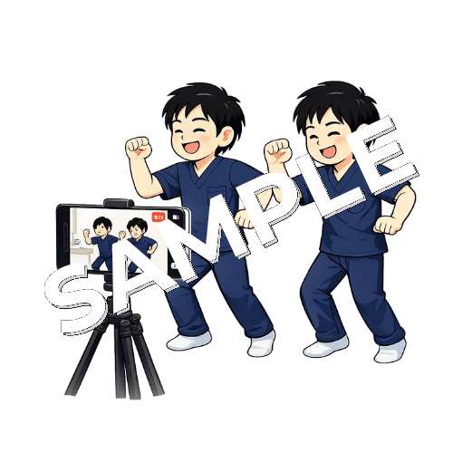 同僚とダンス動画を撮影する男性鍼灸師のイラスト