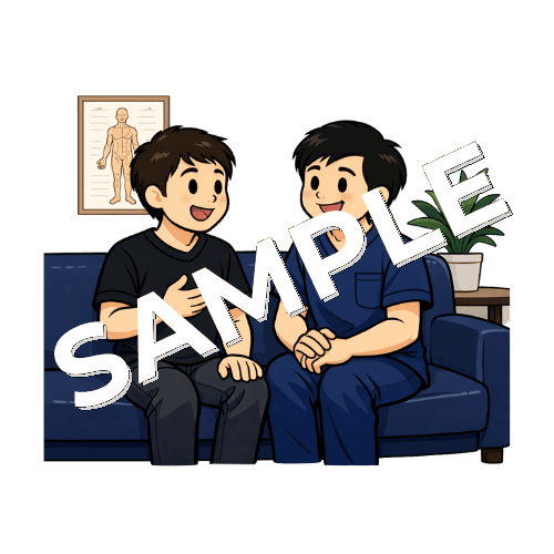 待合室で男性患者と談笑する男性鍼灸師のイラスト