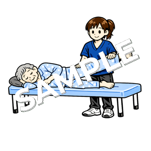 股関節外転トレーニングをする高齢女性患者と女性理学療法士のイラスト