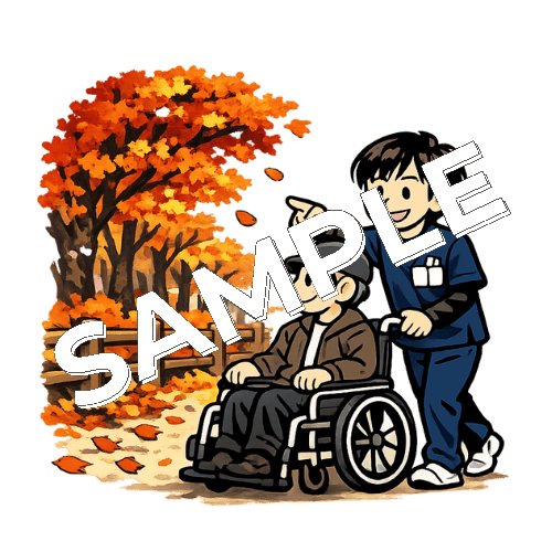 車椅子患者と紅葉を見に行く男性理学療法士のイラスト