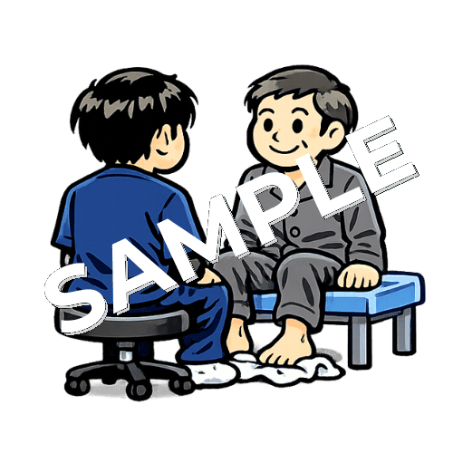 タオルギャザーをする男性患者と男性理学療法士のイラスト