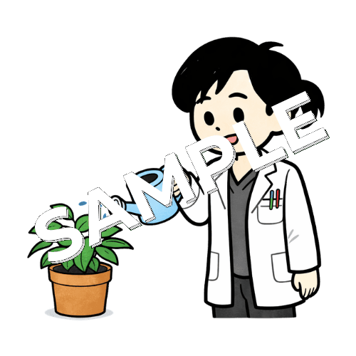 観葉植物に水をやる女性薬剤師のイラスト