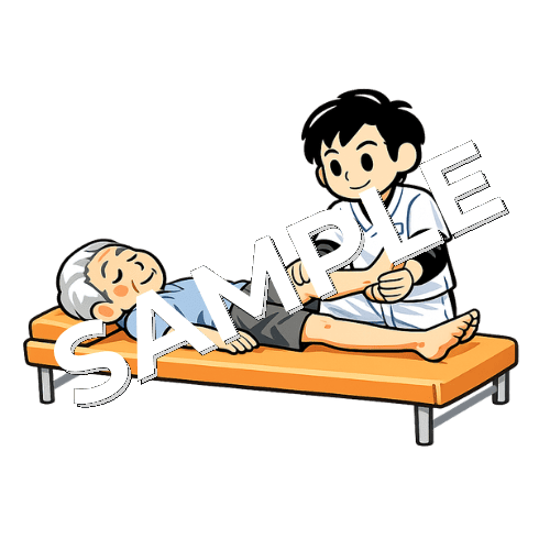 施術ベッドで仰向けで寝てる高齢患者の膝関節の施術をする男性あん摩マッサージ指圧師のイラスト