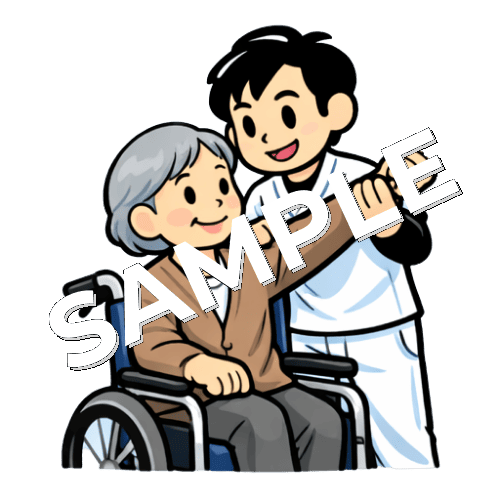 車椅子に座っている高齢患者の肩関節の施術をする男性あん摩マッサージ指圧師のイラスト