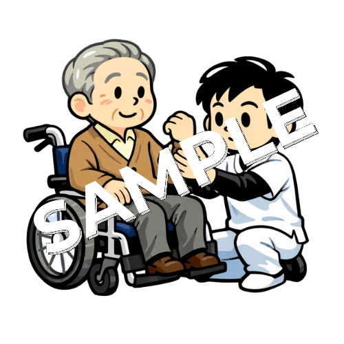 車椅子に座っている高齢患者の肘関節の施術をする男性あん摩マッサージ指圧師のイラスト