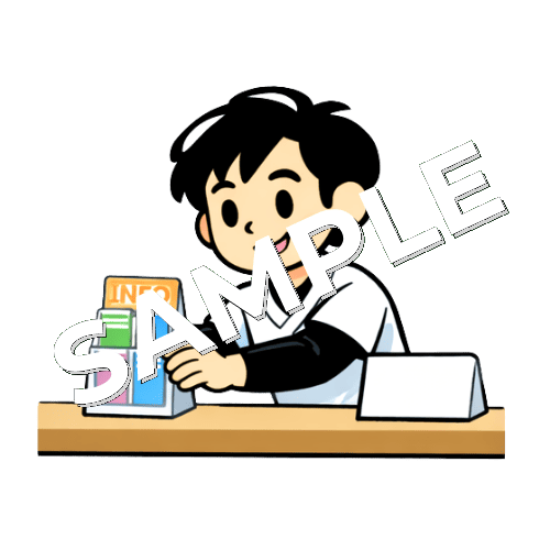 受付にパンフレットを置く男性あん摩マッサージ指圧師のイラスト