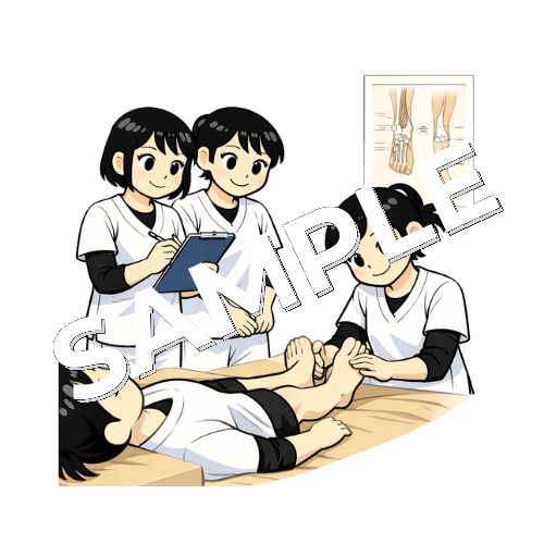 足の施術の勉強会をしている女性あん摩マッサージ指圧師のイラスト
