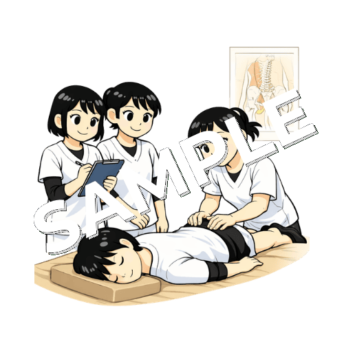 腰の施術の勉強会をしている女性あん摩マッサージ指圧師のイラスト