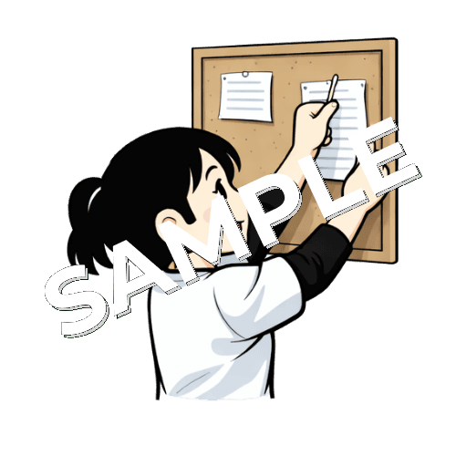 掲示板に貼り紙をする女性あん摩マッサージ指圧師のイラスト