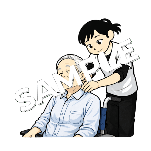 車椅子に座っている高齢患者の頸部の施術をする女性あん摩マッサージ指圧師のイラスト