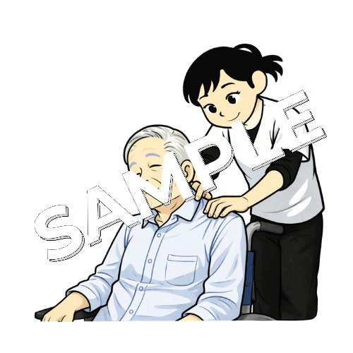 車椅子に座っている高齢患者の肩関節の施術をする女性あん摩マッサージ指圧師のイラスト