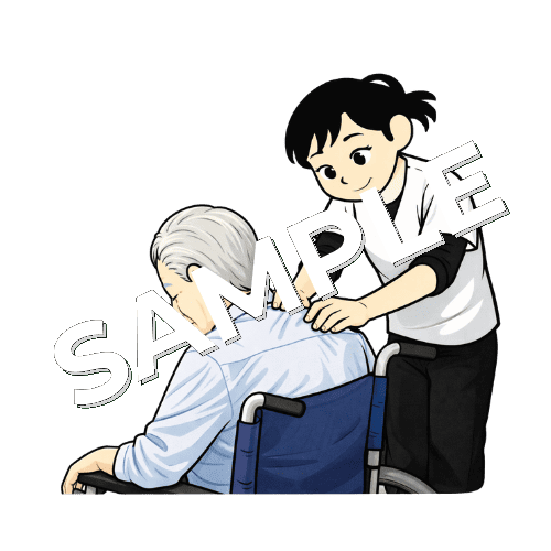 車椅子に座っている高齢患者の肩甲骨の施術をする女性あん摩マッサージ指圧師のイラスト