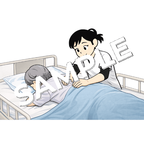 介護ベッドでうつ伏せで寝てる高齢患者の腰の施術をする女性あん摩マッサージ指圧師のイラスト