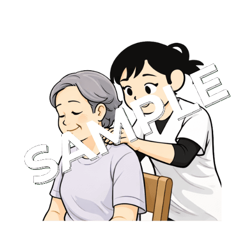 椅子に座っている高齢患者の肩関節の施術をする女性あん摩マッサージ指圧師のイラスト