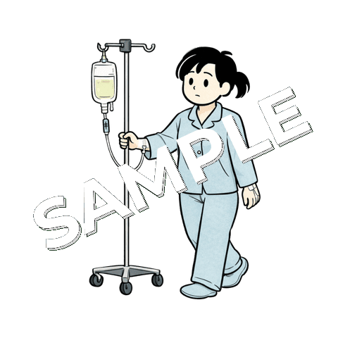 点滴台を押しながら歩く女性患者のイラスト