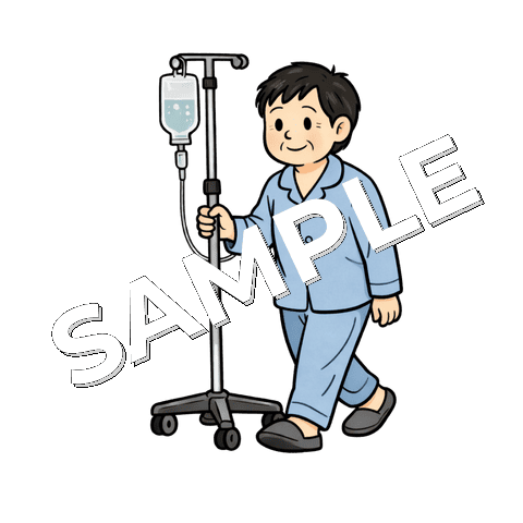 点滴台を押しながら歩く中年男性患者のイラスト