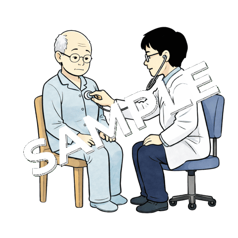 聴診器を当てられている高齢男性患者のイラスト