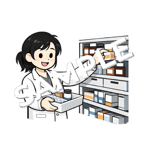 棚から薬をピッキングする女性薬剤師のイラスト