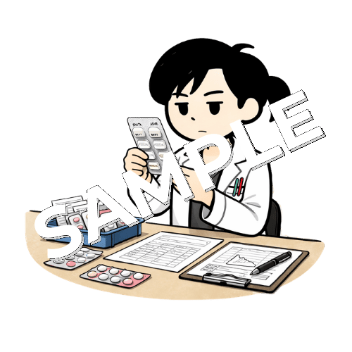 処方箋を見ながら薬の確認をする女性薬剤師のイラスト