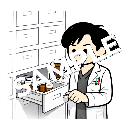 薬の瓶をピッキングする女性薬剤師のイラスト