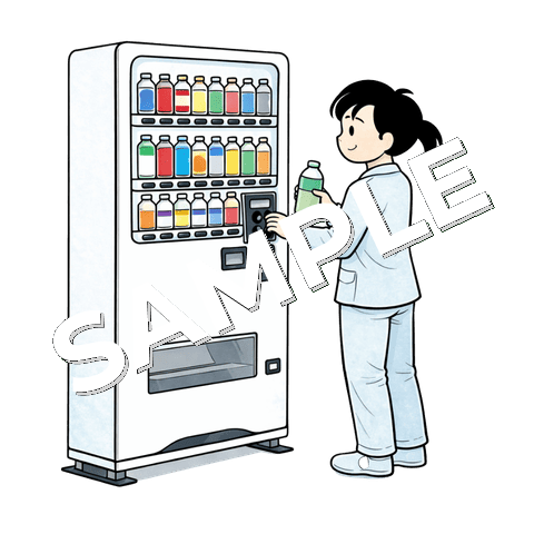 自動販売機で飲み物を買う女性患者のイラスト