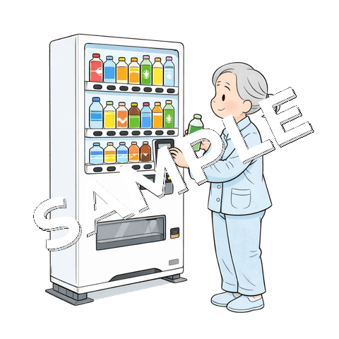 自動販売機で飲み物を買う高齢女性患者のイラスト