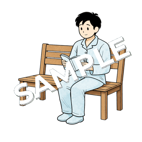 ベンチで本を読む男性患者のイラスト