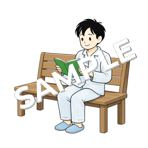 ベンチで本を読む男の子の患者のイラスト