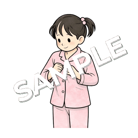 パジャマのボタンを留める女の子の患者のイラスト