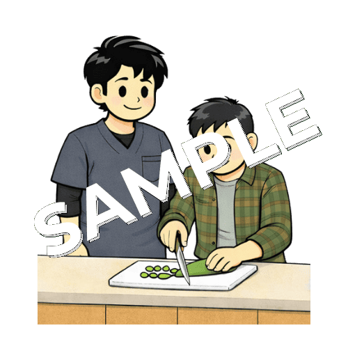 調理訓練で野菜を切る患者と男性作業療法士のイラスト