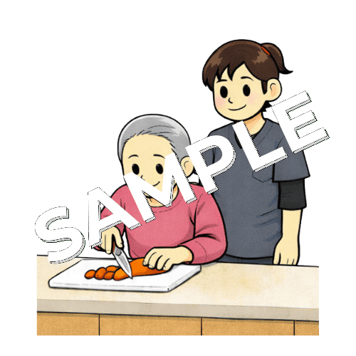 調理訓練で野菜を切る患者と女性作業療法士のイラスト