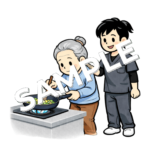 調理訓練で炒め物をする患者と女性作業療法士のイラスト