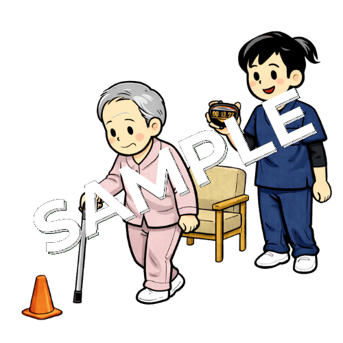 TUG歩行テストを行う患者と女性理学療法士のイラスト
