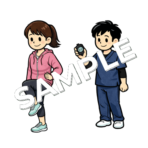 片脚立位保持をする患者とタイムを計る男性理学療法士のイラスト