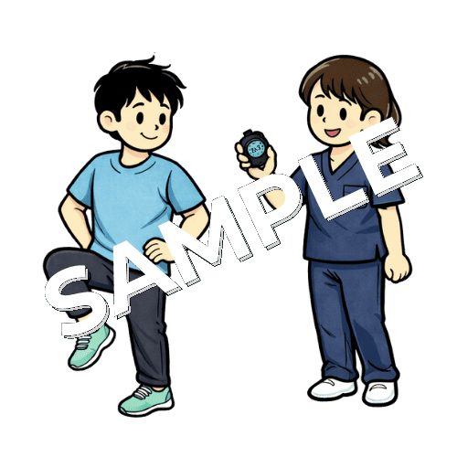 片脚立位保持をする患者とタイムを計る女性理学療法士のイラスト