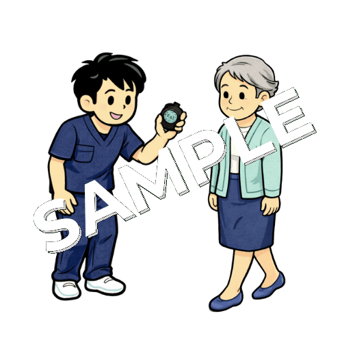 タンデム立位保持をする患者とタイムを計る男性理学療法士のイラスト