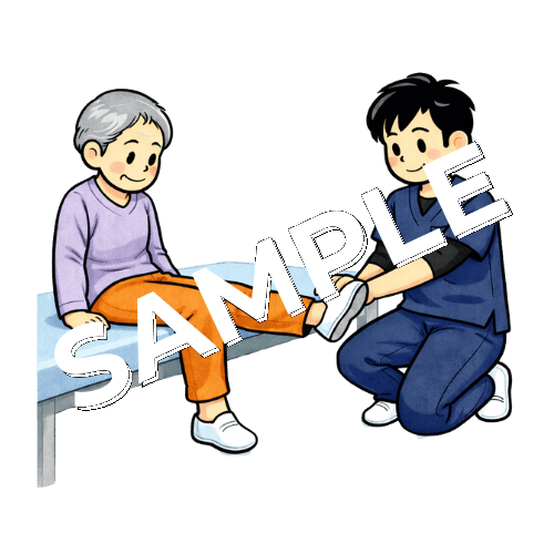 膝関節伸展のMMT評価を行う男性理学療法士のイラスト